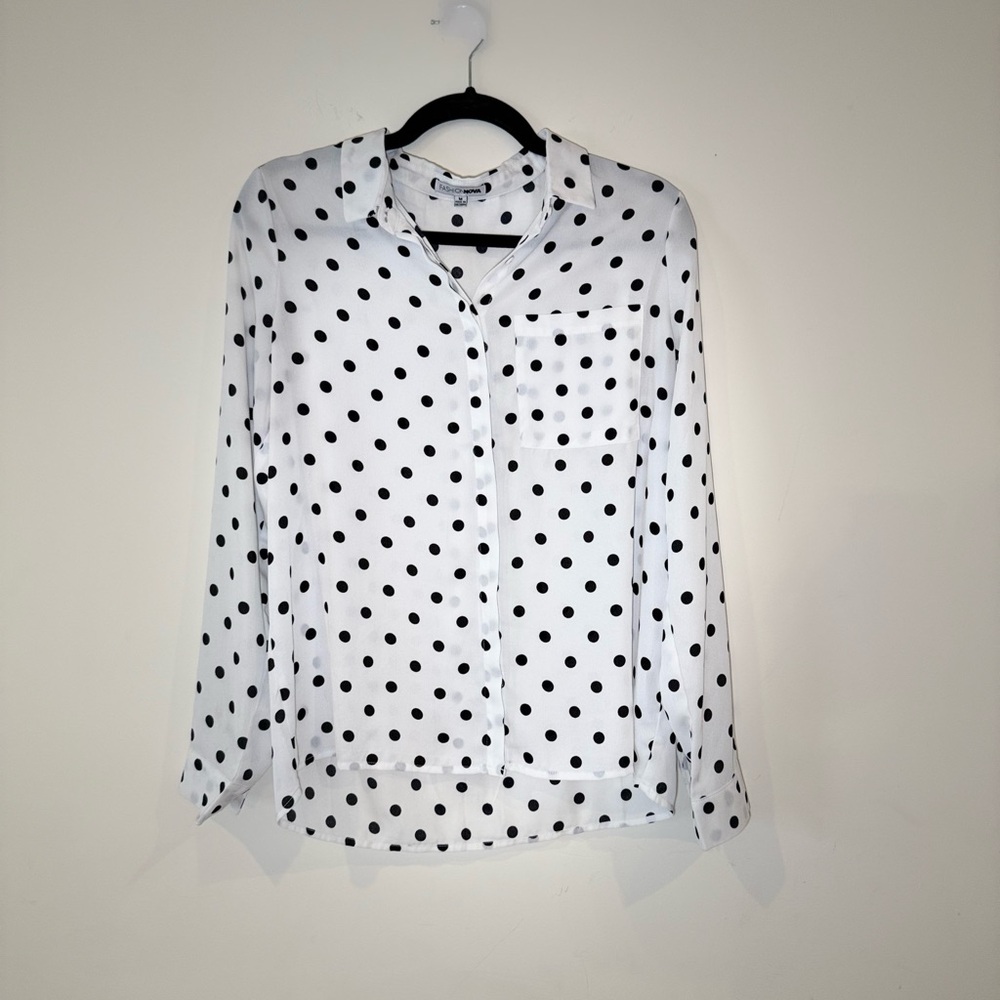 Fashion Nova White and Black Notched Collar Button Down Top